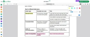 Screenshot of how to highlight text with Quillbot's free online PDF editor