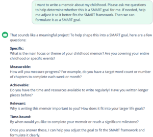 An example prompt for Quillbot's SMART goal generator