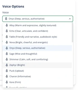 A screenshot of the voice options offered by Quillbot's free text-to-speech converter