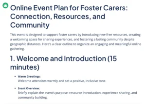 Screenshot of response from the Quillbot online event planning generator