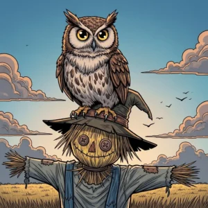 Comic book-style illustration of an owl atop a scarecrow, generated by Quillbot's AI Illustration Generator