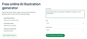 Screenshot of the landing page for Quillbot's Illustration Generator, with fields for the prompt and drop-down menus for style and aspect ratio