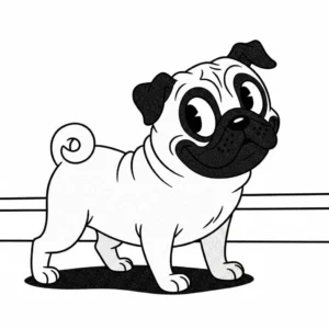 A black and white cartoon of a pug in the retro rubber band style, generated by Quillbot