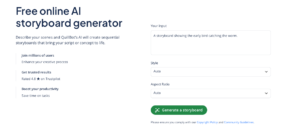 The interface of Quillbot's AI storyboard generator