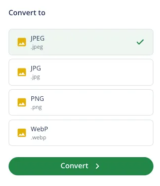 A screenshot of the conversion options (JPEG, JPG, PNG, or WebP) of Quillbot's HEIC image converter