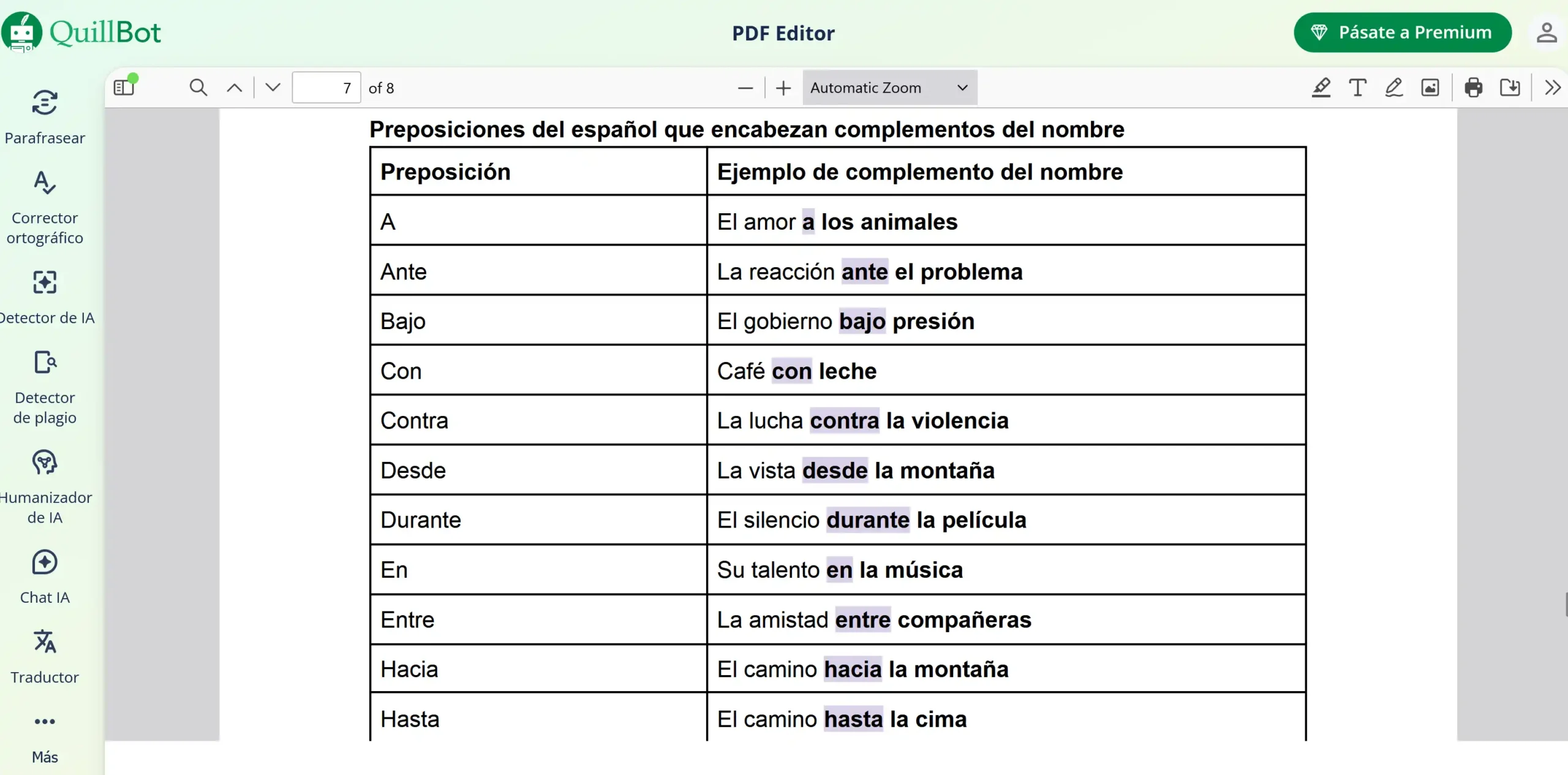 Funcionamiento del editor PDF de Quillbot.