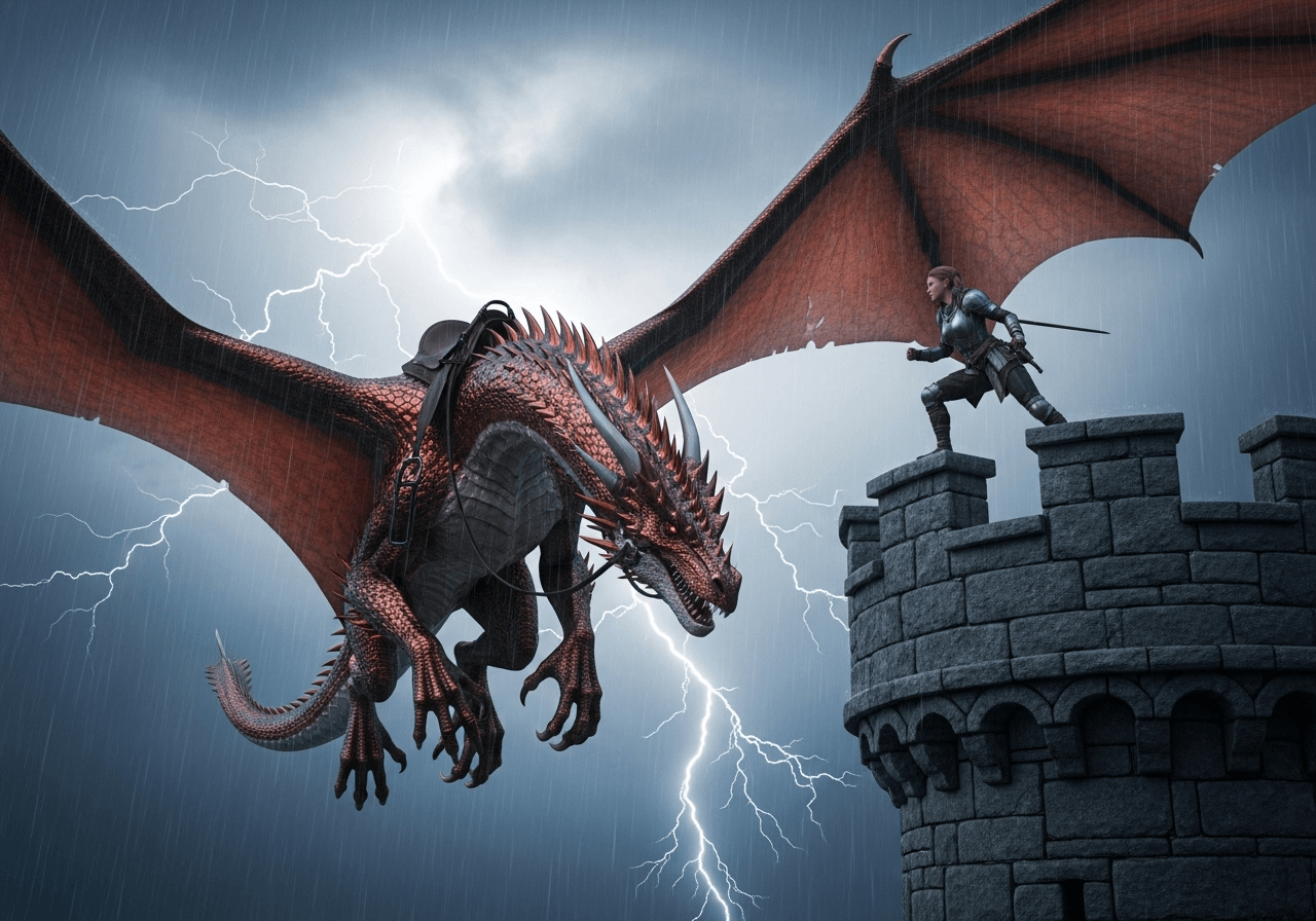 anime avec dragon, château et ciel orageux